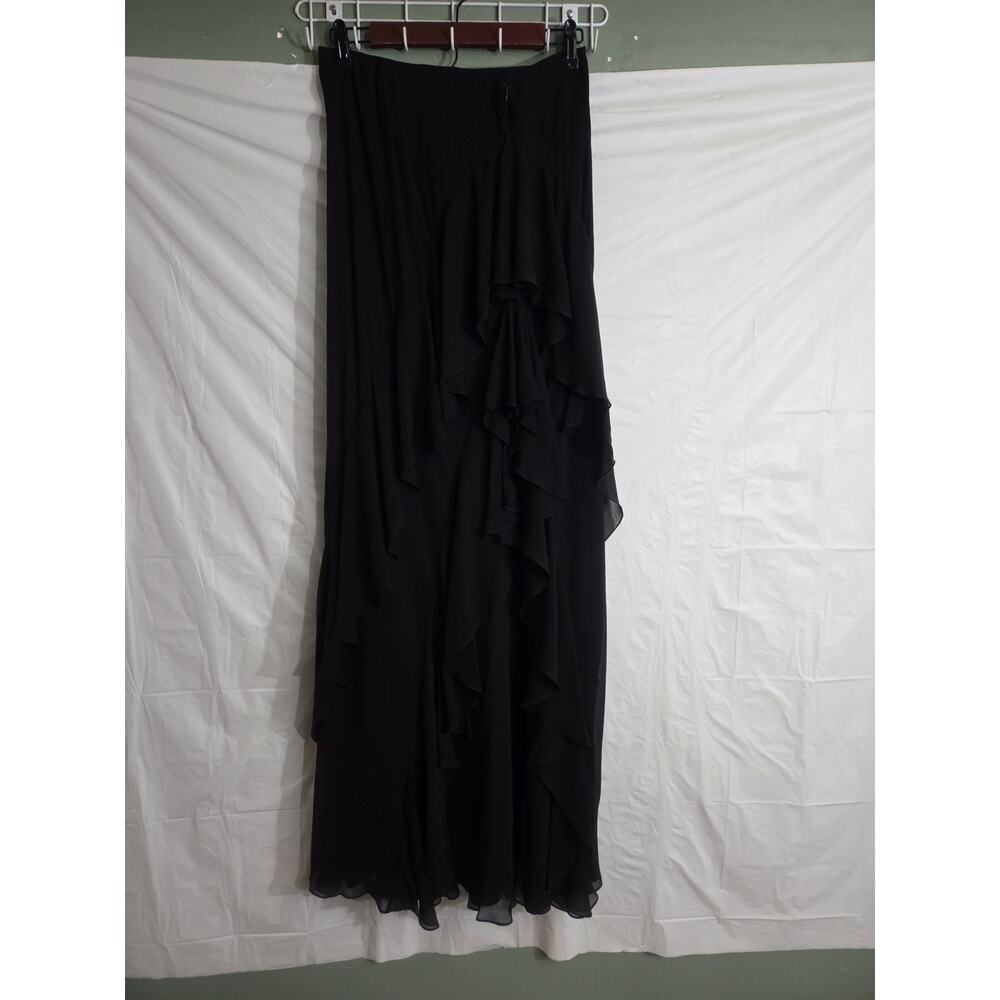Melinda Eng Maxi Skirt Sz M 100% Silk Black Waterfall Ruffle Elegant Old Money